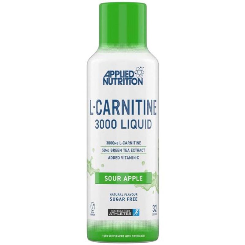 Applied Nutritio L-Carnitine 3000 Lquid - Sour Apple - 480ml - 3000mg L-Carnitine, 50mg Green Tea Extract, Vitamin-C - Natural Flavour- Sugar Free